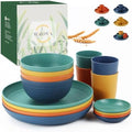 Wrova Wheat straw plates and bowls sets of 16 - Unbreakable wheat straw dinnerware sets for kids - Alternative plastic dinnerware set service for 4 - Microwave safe and Dishwasher safe bowls. Colorful by WROVA
