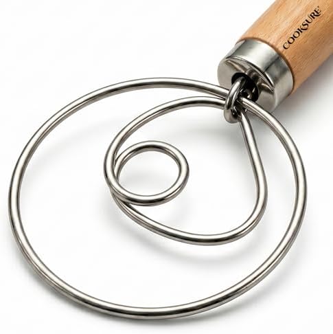 304 Danish Dough Whisk for Sourdough Bread – 13 Inch Bread Whisk with Wooden Handle – 304 Stainless Steel Hook for Heavy Dough Baking, Swedish Dough Whisk Tool by COOKSURE