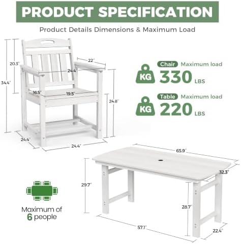 HDPE Outdoor Dining Set, Patio Table and 6 Chairs, 2" Umbrella Hole, White - Image 2