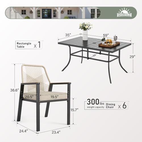 SUNSHINE VALLEY 7pc Patio Dining Set, 59" Metal Table & 6 Rattan Chairs - Image 4