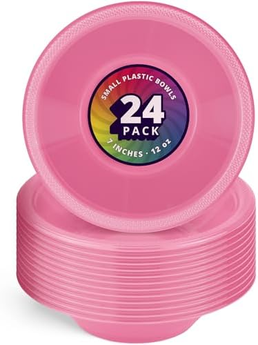 DecorRack 24 Pink Plastic Bowls, 7 in Disposable 12 oz Bowl by DecorRack