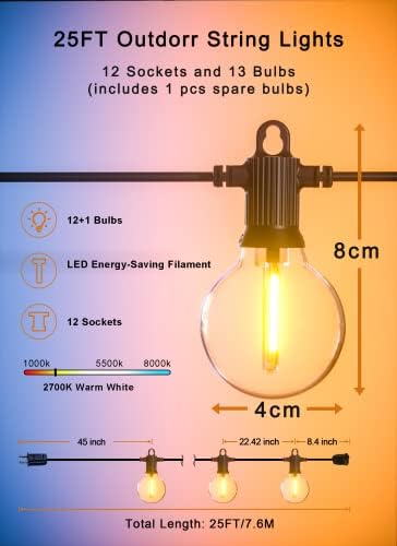 Zuske Outdoor String Lights, 25FT G40 LED IP65 Waterproof Patio Lights - Image 5