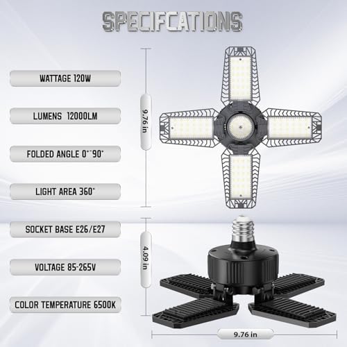 Garage Lights 10 Pack 120W, 12000LM LED Garage Lights with 4+1 Deformable Panels 6500K Screw in LED Shop Lighting for Workshop, Basement Support E26/E27 - Image 6