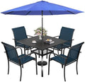Incbruce 6 Pieces Paito Dining Set with Dark Blue Umbrella, Outdoor Metal Dining Set of 4 Textilene Chairs and Square Table with Umbrella Hole for Garden, Porch and Backyard (Blue) by Incbruce