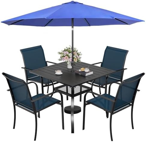 Incbruce 6 Pieces Paito Dining Set with Dark Blue Umbrella, Outdoor Metal Dining Set of 4 Textilene Chairs and Square Table with Umbrella Hole for Garden, Porch and Backyard (Blue) by Incbruce