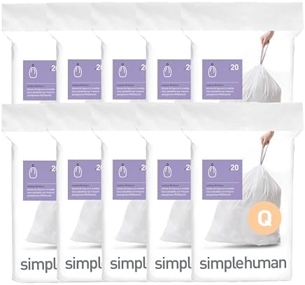 simplehuman Code Q 200 Count Custom Fit Liners, Drawstring Kitchen Trash Bags, One-by-One Mess-Free Dispense, Extra Thick & Double Seamed, 50% PCR Plastic, 50-65 Liter / 13-17 Gallon, White by Unknown