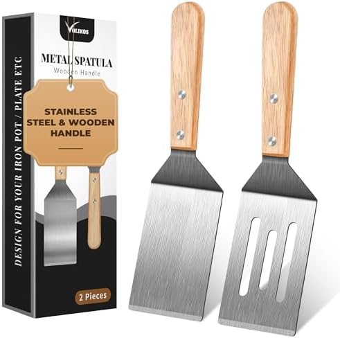 Stainless Steel Spatula Set, 2 pcs for Cast Iron Skillet with Wooden Handle by Volikos