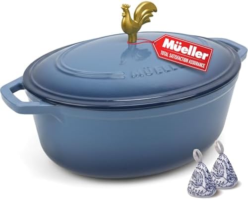 MUELLER HOME 5.5 Quart Enameled Cast Iron Oval Dutch Oven w Rooster Knob & Cotton Potholders, Heavy-Duty Cookware, Oven-Safe up to 500° F & Across All Cooktops, Gifts for Grandma & Women, Mineral Blue by MUELLERHOME