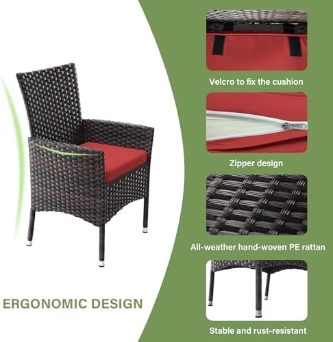ALAULM 10 Piece Patio Dining Set All-Weather Wicker Outdoor Dining Table and Chairs w/Tempered Glass Tabletop, Removable Cushions and Umbrella Hole for Patio, Backyard, Garden, Poolside (Red) - Image 3