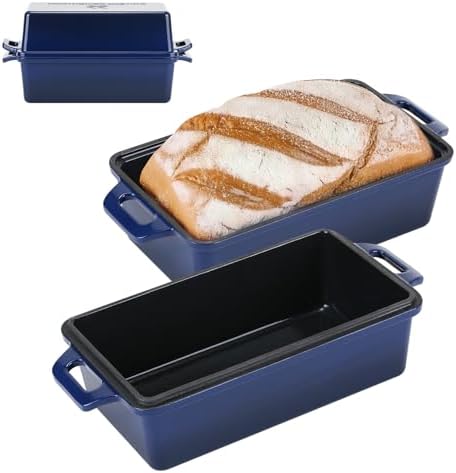 Northriver Casting 2 in 1 Enameled Cast Iron Bread Pan with Lid, Perfect Bread Oven, Loaf Pans for Baking Homemade Sourdough Bread 9x5, 2 Piece set, Navy Blue by NorthriverCasting