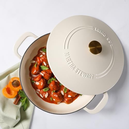 Martha Stewart Gatwick 3.5-Quart Enameled Cast Iron Dutch Oven Braiser – Linen with Gold Knob – Durable Heavy-Duty Braising Pot for Slow Cooking and Searing - Image 2