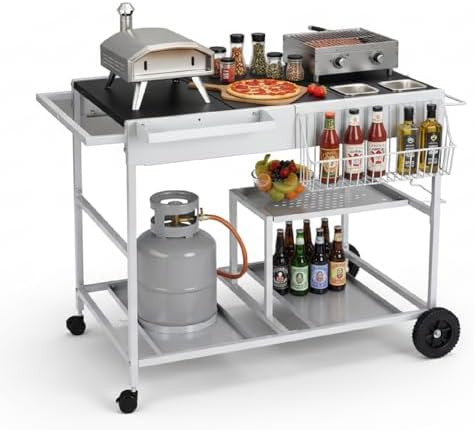 VINGLI Pizza Oven Grill Table Cart, Movable Food Prep Cart with Pizza Topping Station, Seasoning Boxes, Gas Bottle Space, Outdoor Table Stand for Griddle, Patio, Home, Parties by VINGLI