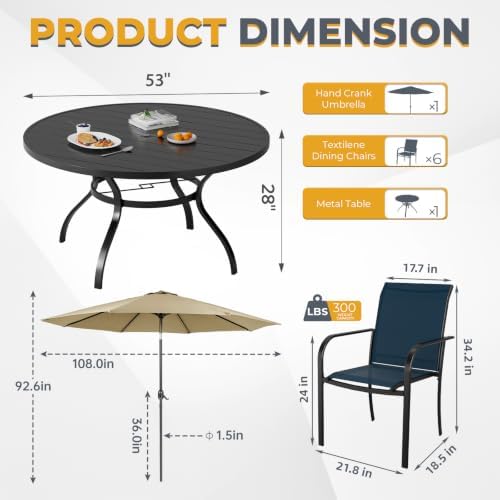 Incbruce 8 PCS Patio Dining Set with Brown Umbrella, Outdoor Dining Set of 6 Textilene Chairs and 53" Round Table with Umbrella Hole for Backyard, Garden, and Poolside (Blue) - Image 3