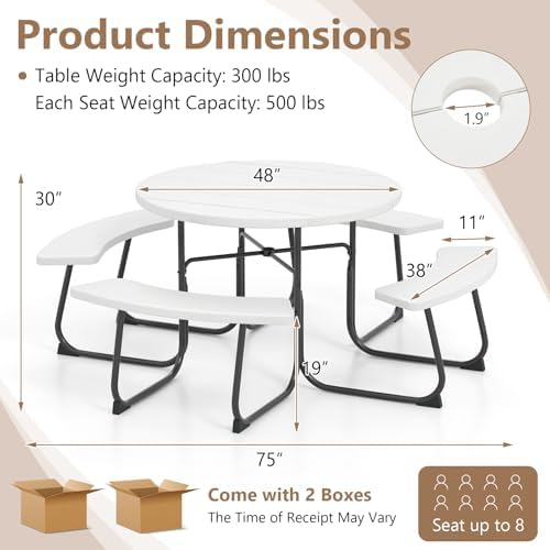 COSTWAY Round Outdoor Picnic Table with Bench Set for 4-8 People (White) - Image 3