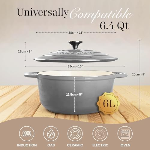 Nuovva Enamelled Cast Iron Dutch Oven Pot with Lid-6.4 Quart Non Stick Casserole Pot-Heavy Duty & Oven Safe up to 500° F for Bread Baking, Braising, Stews, Roasting - 28cm Grey - Image 2