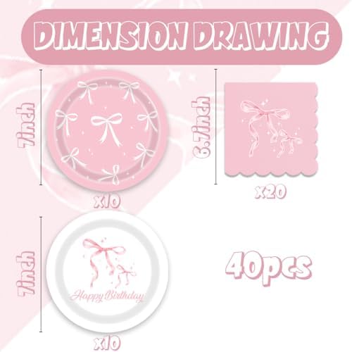 40pcs Bow Party Supplies,include 20 Dessert plate and 20 Napkin,bridal shower plates Party Plate Napkin Set,Used for She's Tying the Knot Bachelorette Party Decoration pink bow decor - Image 2