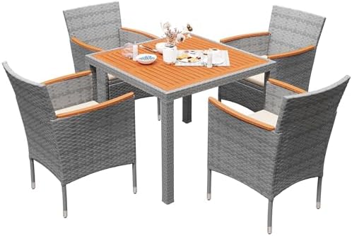 Devoko 5 PCS Acacia Wood Patio Dining Set, Gray Rattan by DEVOKO