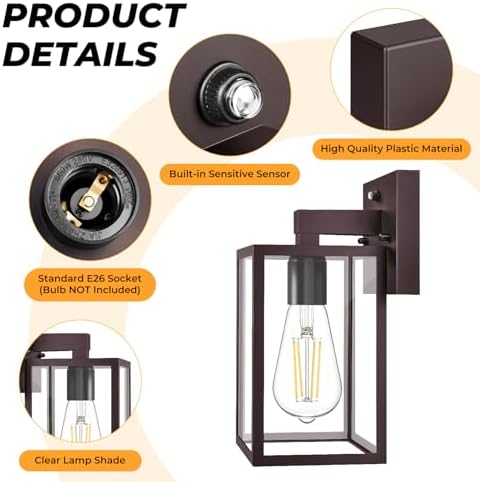FOLKSMATE Plastic Dusk to Dawn Outdoor Wall Sconce Dark Chocolate 4-Pack - Image 6