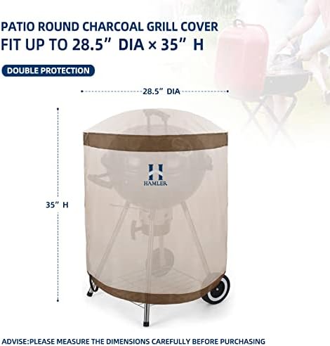 HAMLER Round Barbecue Cover, 28 Inch Small Smoker Cover, Heavy Duty Waterproof Outdoor Grill Cover Fits Weber, Charcoal Kettle, Masterbuilt, Dyna-Glo, Brown & Beige - Image 3