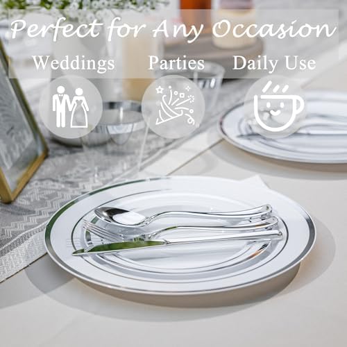 N9R 600PCS White and Silver Plastic Plates, Disposable Dinnerware Set - Image 3