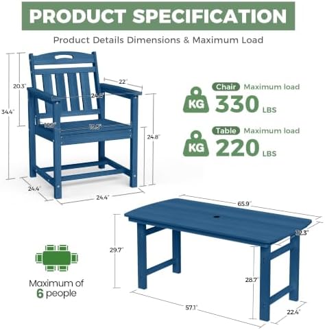HDPE Outdoor Dining Set, Patio Table and 4 Chairs, 2" Umbrella Hole, Navy - Image 2