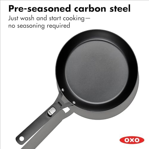 OXO Outdoor Pre-Seasoned Carbon Steel 10" Frying Pan Skillet, Detachable Handle for Easy Storage, Indoor Use, Nonstick with Use, Induction Suitable,Oven & Broiler Safe,Browning, Grill,Sear,Saute,Black - Image 4