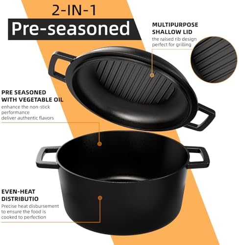 Cast Iron Dutch Oven Pot with Skillet Lid – Pre-Seasoned – Skillet Lid Cooking Pan– PFAS-Free –Umite Chef Cast Iron Skillet Cookware for Bread, Frying, Baking – Dual Handles – Oven, Grill, Campfire & Stovetop Safe – Durable & Non-Toxic, 5QT - Image 2