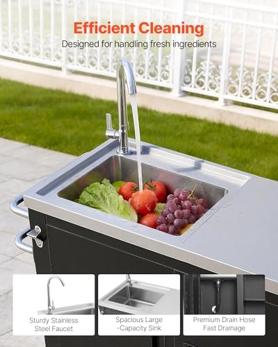 VEVOR Outdoor Grill Cart with Sink and Storage Cabinet, 38 Inch Grill Table, Waterproof Kitchen Island with Stainless Steel Top, Spice Rack, Wheel, Movable Food Prep Station for Patio Bar Backyard BBQ - Image 4