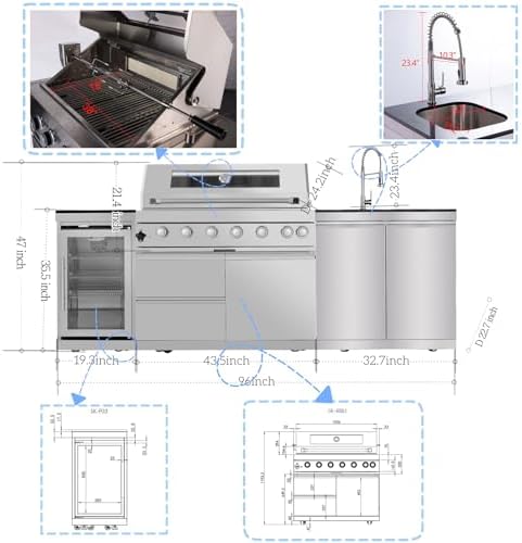 Outdoor Kitchen Island, 95.5 Inch 85000 BTU Propane Gas Grill Combination With Refrigerator and Sink, Outdoor Stainless Steel Barbecue Bar, 6 Burner Propane Grill for Patios, Gardens, Parties - Image 2