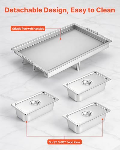 VEVOR Outdoor Propane Griddle, 3 Burners (11,600 BTU Each), Commercial Stainless Steel Griddle with Three 1/3 Size Food Pans, Portable Cart with Wheels & Gas Stove, for Hot Dogs, Burgers & Meats - Image 7
