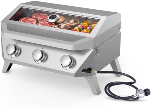 Bestfire 3-Burner Tabletop Propane Gas Grill, 30,000 BTU Portable Propane BBQ Grill with Viewing Glass Lid & Thermometer, Stainless Steel Outdoor Cooking Grill for Camping, RV, Patio and Tailgating by GrillsOutdoorCooking