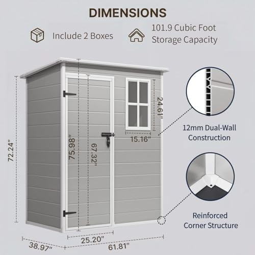 Gizoon 5x3 FT Resin Storage Shed with Floor, Plastic Shed, Grey - Image 2