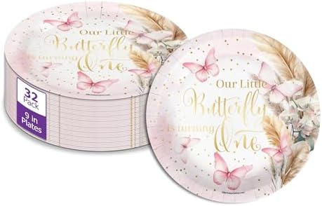 Butterfly Girl's First Birthday - 32 Piece Disposable Party Supplies - Decorations for Floral 1st Birthday Round Party Plates - Large 9" Paper Plates In Bulk by BirthdayGalore