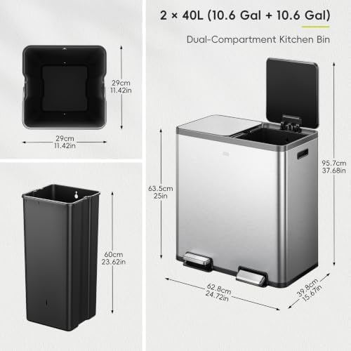 EKO EcoCasa Plus 2 x 10.6 Gal Dual Recycling Trash Can for Kitchen, Large Stainless Steel Step-On Garbage Can with Soft-Close Lids, Odor-Proof and Fingerprint-Resistant, Removable Buckets with Handles - Image 2