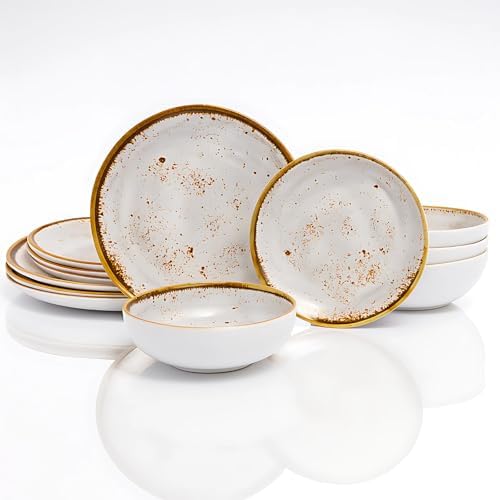 TP 12-Piece Melamine Dinnerware Sets, Plates and Bowls Dishes Set for 4, Break-Resistant & Non-Microwavable, Lightweight Dinner Plates, Grey Swirl by TastePrime
