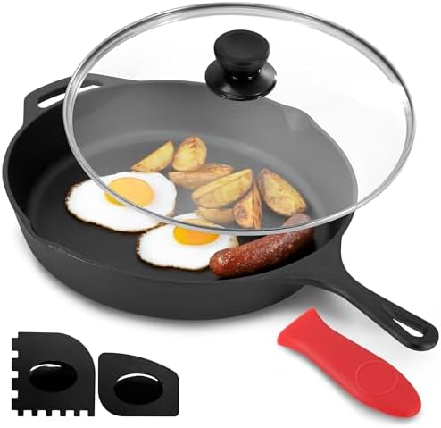 Megachef 12 Inch Pre-Seasoned Cast Iron Skillet with Tempered Glass Lid by Megachef