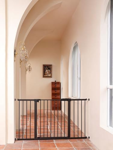 55.98"-58.15" Baby and Pet Safety Gate, 30" Tall Metal Walk-Thru Gate for Doorways & Stairs, Easy One-Hand Open, Dual Lock, Extensions & Wall Mounts Included (Brown, 29"-57" W x 30.5“H) - Image 5