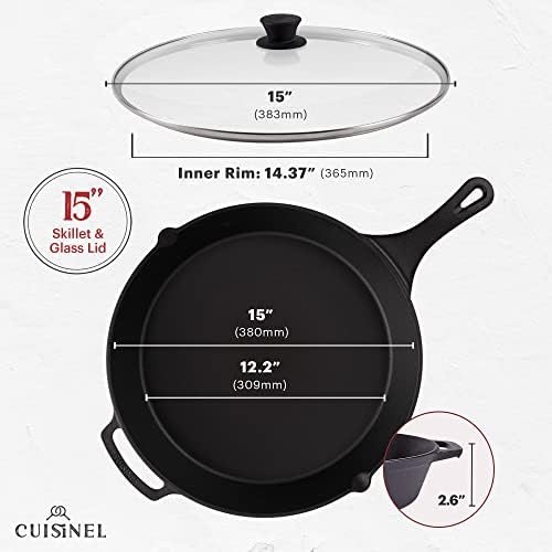 Cuisinel 15" Cast Iron Skillet + Glass Lid Cover + Pan Scraper + Heat-Resistant Silicone Handle Grip - Pre-seasoned Oven-Safe Kitchen Cookware - Indoor/Outdoor - Camping, Grilling, BBQ, Oven Safe - Image 4
