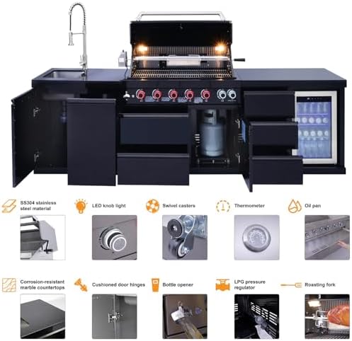 114'' Outdoor Kitchen Island, All-In-One 6 Burner Modular Outdoor Kitchen for Backyards, 83500 BTU, BBQ Grill with 304 Stainless Steel, Black Outdoor Kitchens with Sink, Refrigerator - Image 3