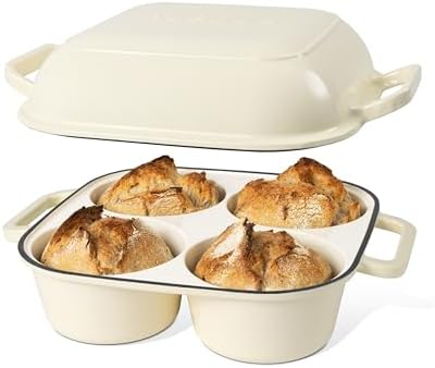 QuadPro Enamelled Cast Iron Bread Loaf Pot – Dutch Oven for Sourdough Bread Baking – 500°F Oven Safe Non Stick Bread Pot – 4 Round Loaf Spaces (4.90-inch Diameter), Cream – by Nuovva by Nuovva