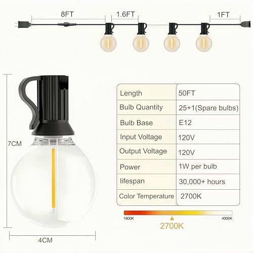 Outdoor String Lights Patio Lights 50FT, 25+1 G40 Edison Bulbs - Image 5
