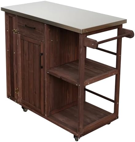 Outdoor Kitchen Island Cart with Stainless Steel Top, Rolling Grill Table with Storage Cabinet Drawer Shelves & Towel Rack, Wooden BBQ Prep Station with Lockable Wheels for Patio Backyard, Dark Brown - Image 7