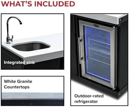 Mont Alpi Premium 38"W x 23"D x 46"H Black Stainless Steel Outdoor Beverage Center Module with 2.7 Cu. Ft. Glass Door Refrigerator + Faucet & Sink Combo + Storage Cabinet + White Granite Countertops - Image 7