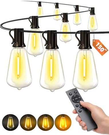 Outdoor Patio String Lights: 150Ft 45M Outside Waterproof Light - Remote Dimmable ST38 Shatterproof Bulb Connectable Hanging Outdoor Electric Lighting - Backyard Yard Gazebo Porch Party by Vozuji