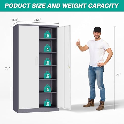Metal Storage Cabinet with 2 Doors and 6 Shelves,Gray White Metal Cabinet with Lock,71" Lockable Garage Storage Cabinets,Locking File Cabinet,Steel Tool Cabinets for Home,Office,Garage,Shop,School - Image 3