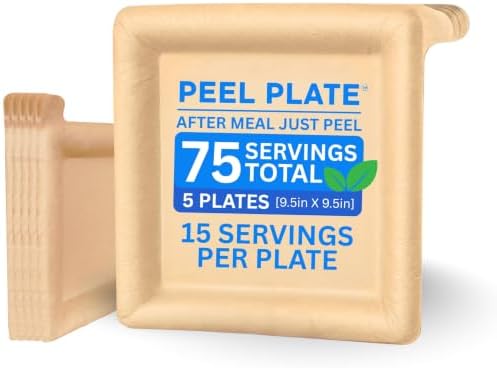 Peel Plate [5-Pack] 75 Servings Total - Large 9.5in X 9.5in Multi-Use Reusable Paper Plates 90% Less Waste For Home or On-The-Go Mealtime & Snacktime by Unknown