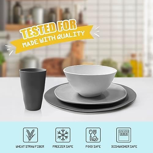 Teivio 32-Piece Kitchen Plastic Wheat Straw Dinnerware Sets, Service for 8, Dinner Plates, Dessert Plate, Cereal Bowls,Cups, Unbreakable Plastic Colorful Outdoor Camping Dishes, Irregular Gray Ombre - Image 6