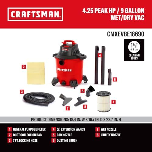 CRAFTSMAN CMXEVBE18690 9 Gallon 4.25 Peak HP Wet Dry Shop Vacuum - Image 3