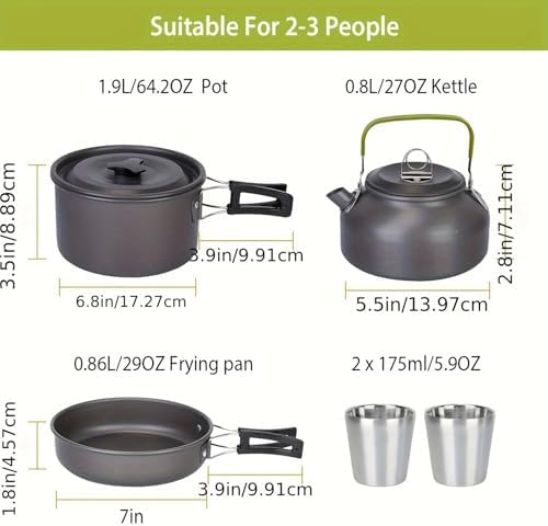 Camping Cookware Set(Green), Portable Backpacking Gear with Kettle, Pot, Pan, Cups & Foldable Cutlery, Lightweight Outdoor Cooking Kit for 2-3 People, Ideal for Hiking, Picnic & Camping - Image 7