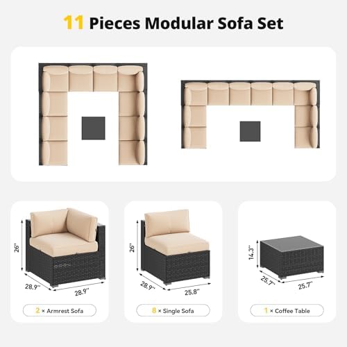 Aoxun Patio Furniture Set, 11 Piece Outdoor Sectional Sofas with Waterproof Cover, 10 Seats Wicker Rattan Outdoor Furniture Patio Conversation Set for Backyard, Garden Begin - Image 7